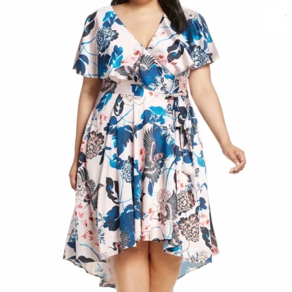 Eliza J Pink Blue Floral High Low Faux Wrap‎ Dress 16W Flutter Sleeve